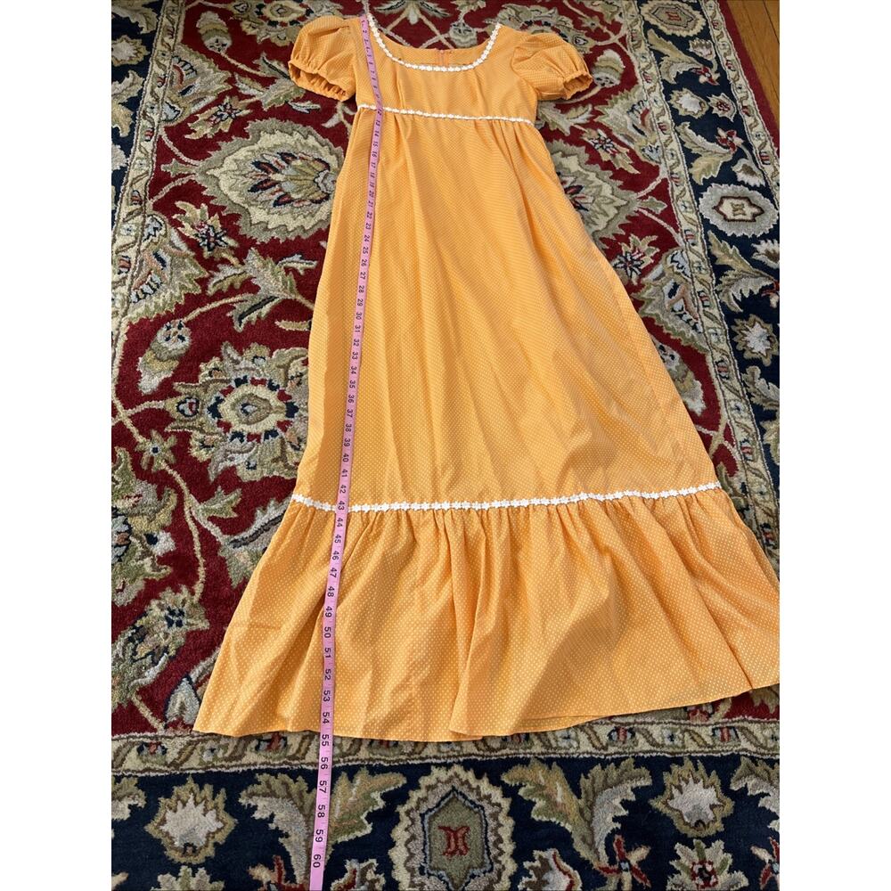 Vintage S 1960s 70s Handmade Apricot Bridesmaid Dress Polka Dot Daisy Retro Maxi - Picture 8 of 12